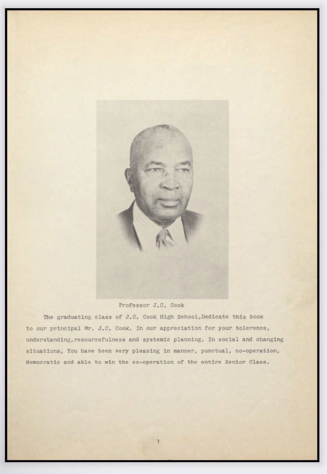 Formal portrait of Professor J.C. Cook, principal of J.C. Cook High School